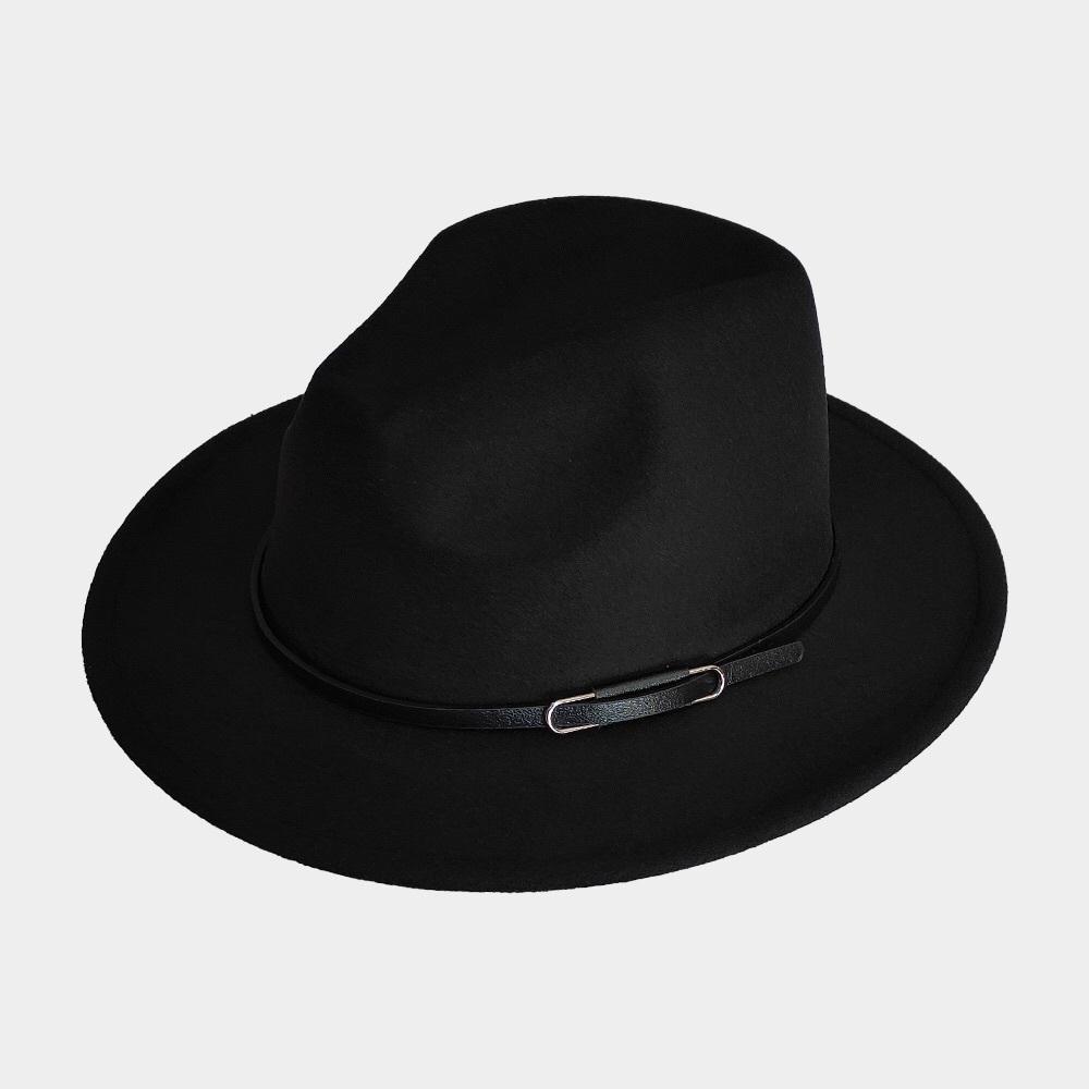 Black Vegan Leather Band Solid Panama Hat